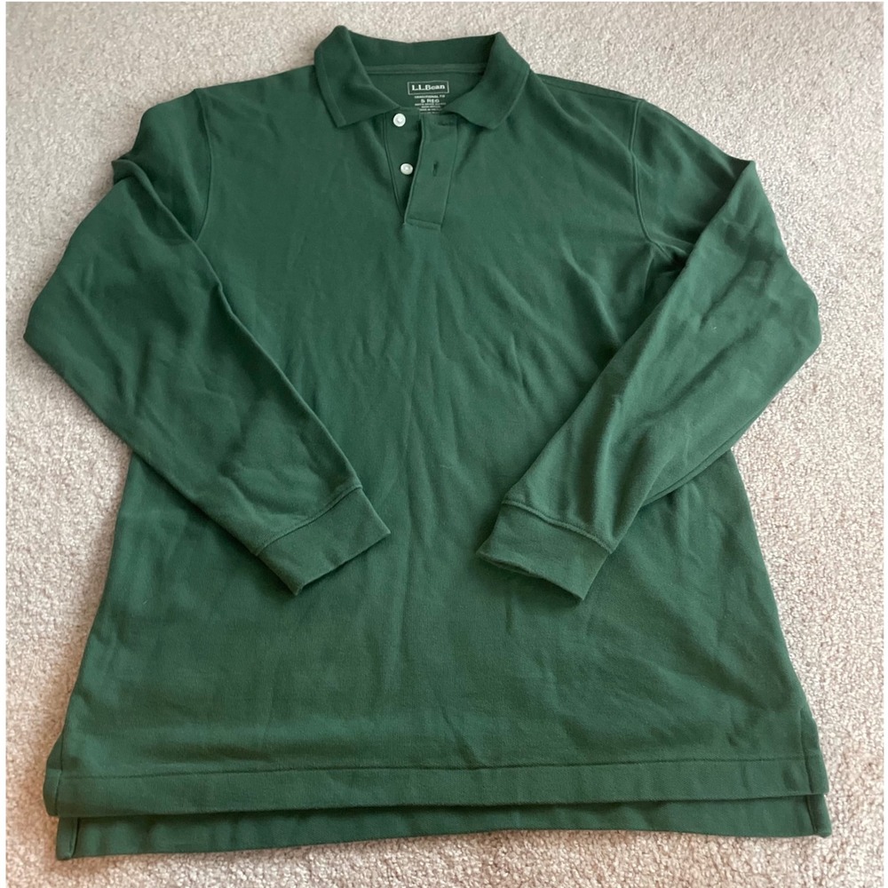 L.L.Bean Mens Long Sleeve Polo Shirt Green Cotton Pique Traditional Fit S Reg